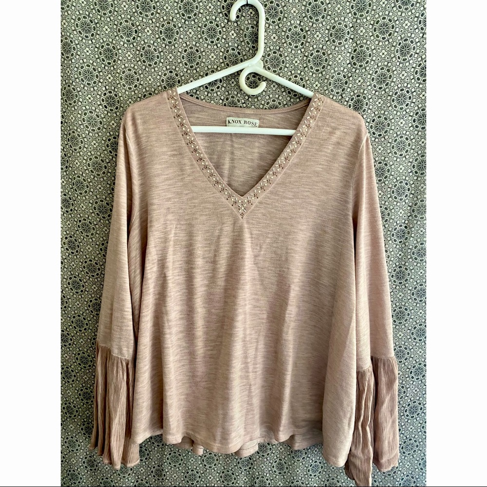 KNOX ROSE Women’s Embellished Beaded Neckline Blush Punk Long Sleeve Blouse Top